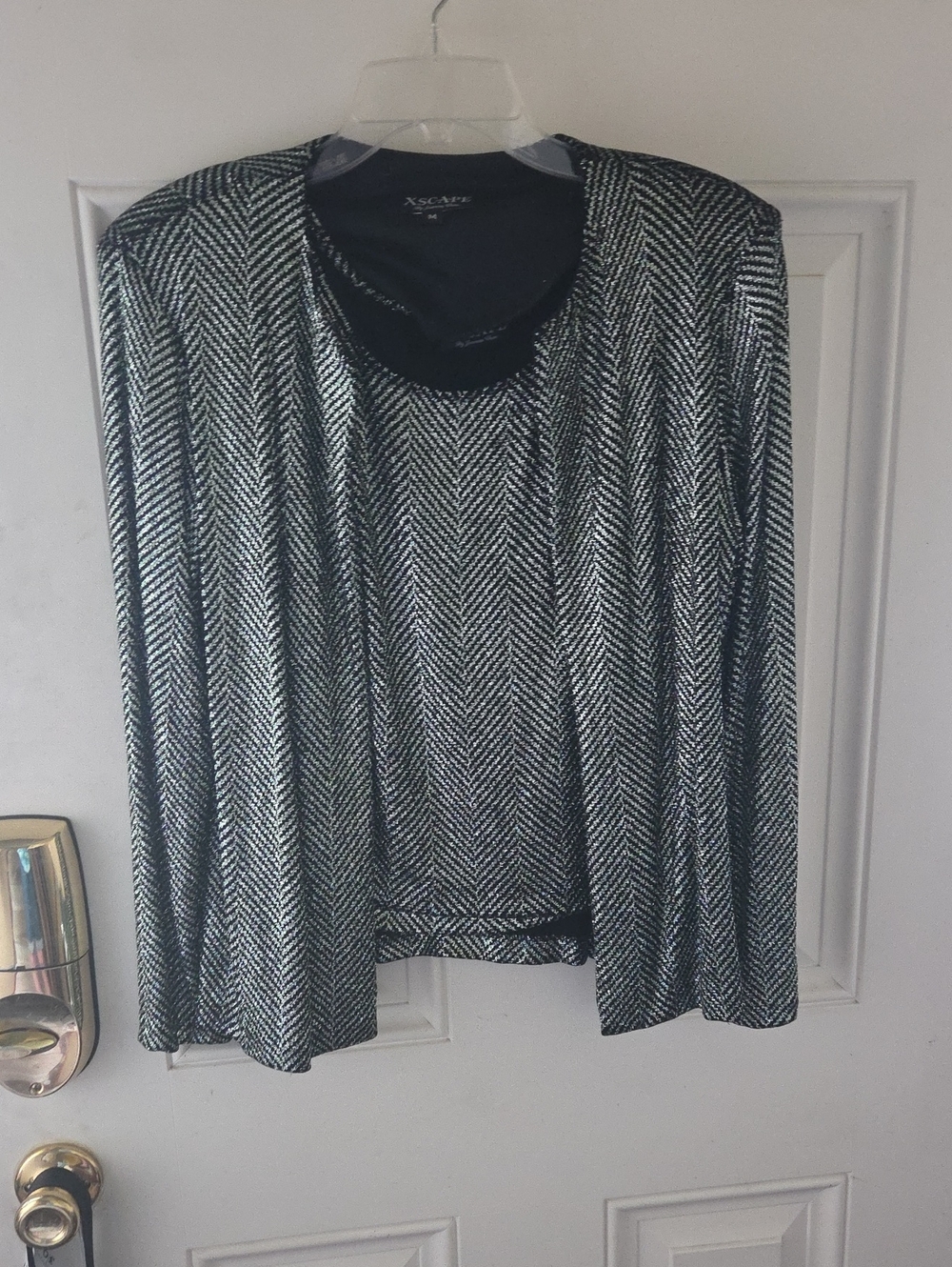 Xscape Black, Light Green  and Silver Metallic Herringbone Cardigan Set